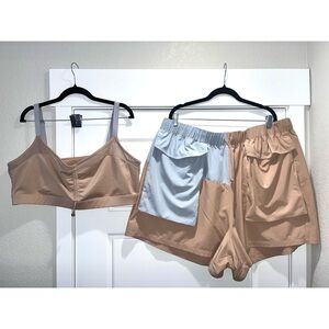 Fabletics Short and Sports Bra Set, Plus Size 3x in Tan and Light Blue